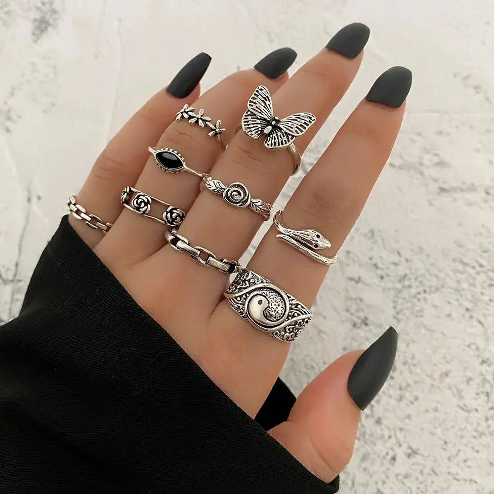 Halloween Silver Color gothic Rings Set for Women and Men - Life and Lines