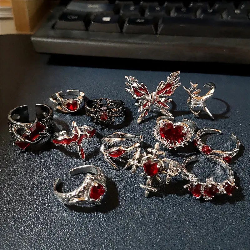 Goth Punk Vintage Red Crystal Ring Set Halloween Rings For Women - Life and Lines