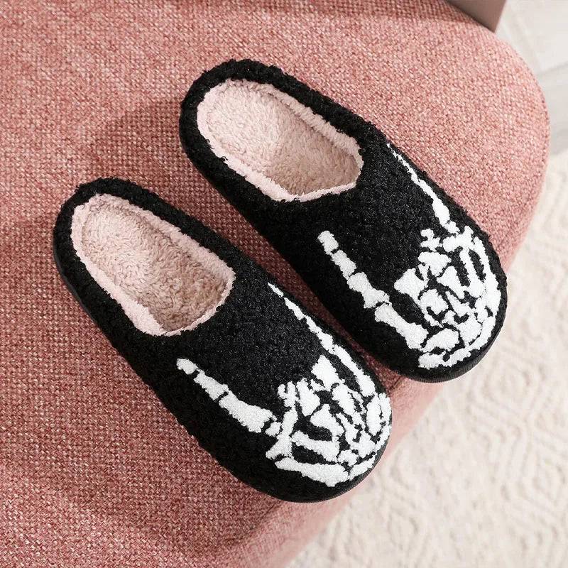 Halloween Skeleton Finger Embroidery Printed Warm Cotton Slippers for Men Women Plush Anti Slip Wear Resistant Couple Slippers - Life and Lines