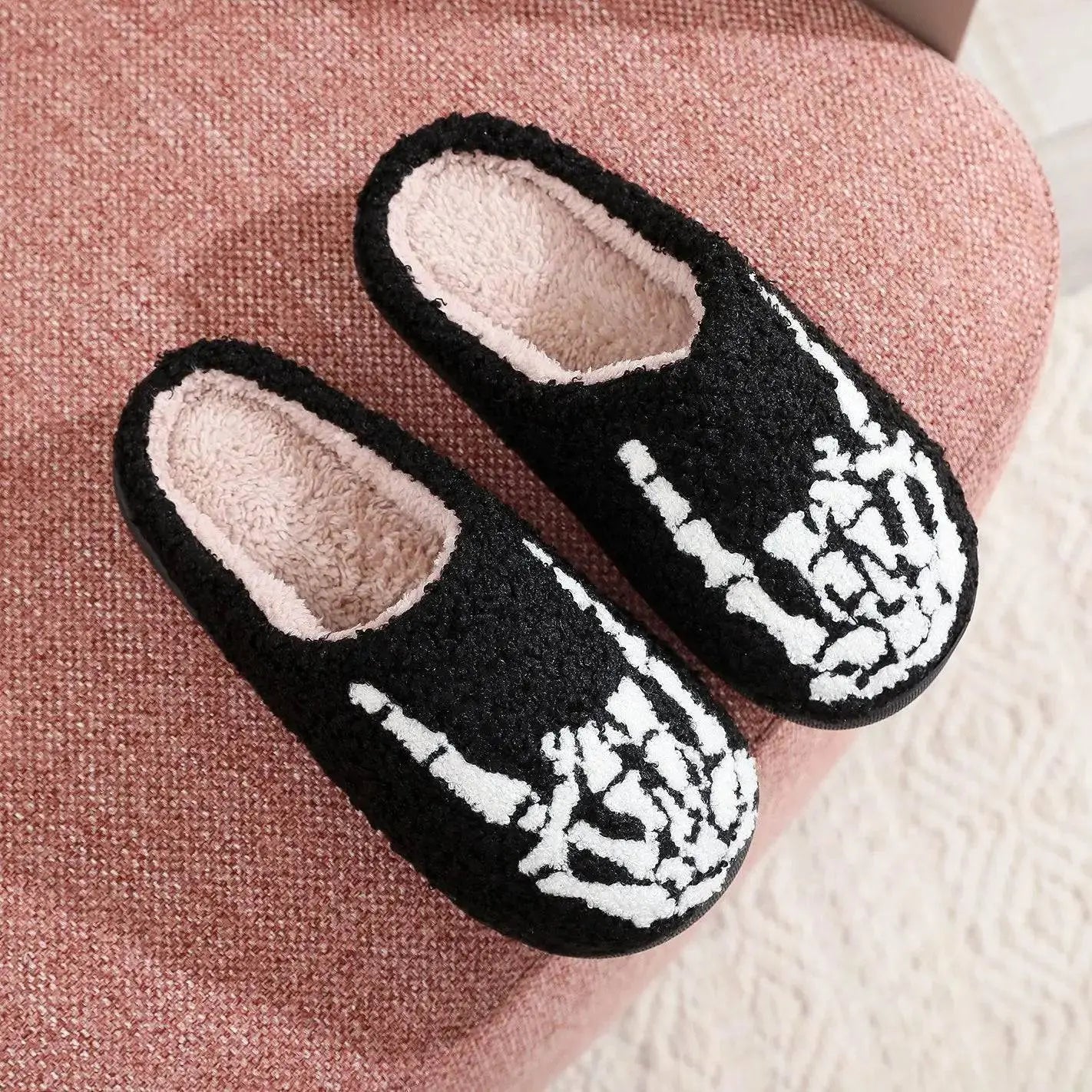 Halloween Skeleton Finger Embroidery Printed Warm Cotton Slippers for Men Women Plush Anti Slip Wear Resistant Couple Slippers - Life and Lines