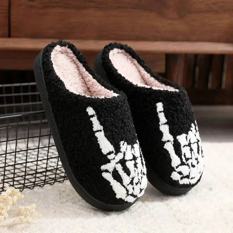 Halloween Skeleton Finger Embroidery Printed Warm Cotton Slippers for Men Women Plush Anti Slip Wear Resistant Couple Slippers - Life and Lines