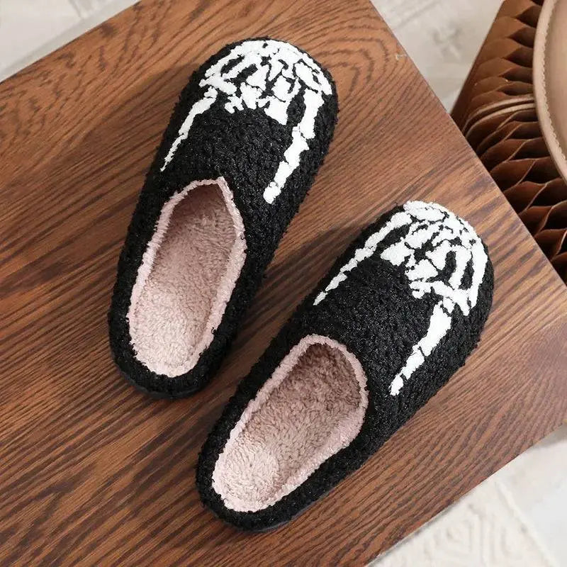 Halloween Skeleton Finger Embroidery Printed Warm Cotton Slippers for Men Women Plush Anti Slip Wear Resistant Couple Slippers - Life and Lines