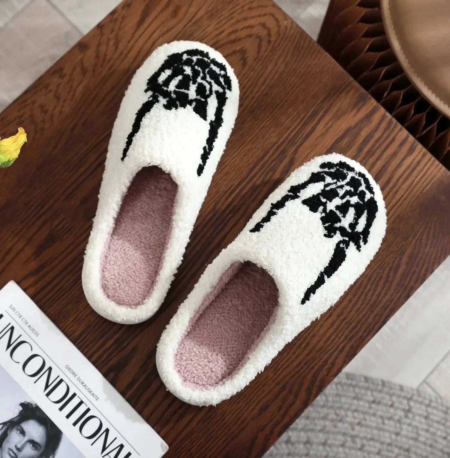 Halloween Skeleton Finger Embroidery Printed Warm Cotton Slippers for Men Women Plush Anti Slip Wear Resistant Couple Slippers - Life and Lines