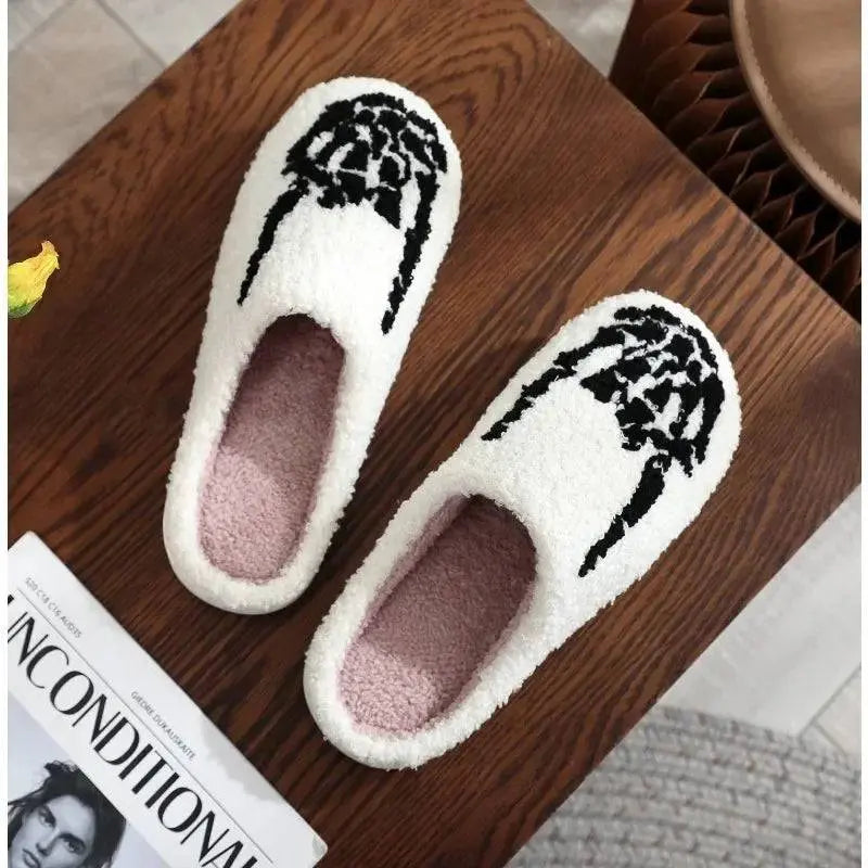 Halloween Skeleton Finger Embroidery Printed Warm Cotton Slippers for Men Women Plush Anti Slip Wear Resistant Couple Slippers - Life and Lines