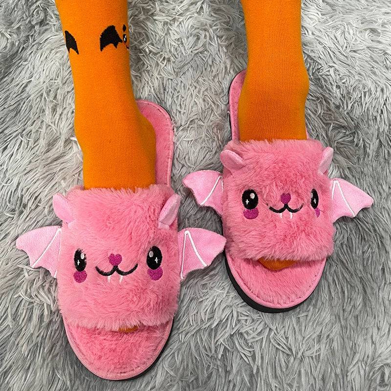 Halloween New Bat Slippers Women Plush Shoes Lightweight Home Silent Fuzzy Slipper Men Flip Flops Cartoon Kid Adults Flat Slides - Life and Lines