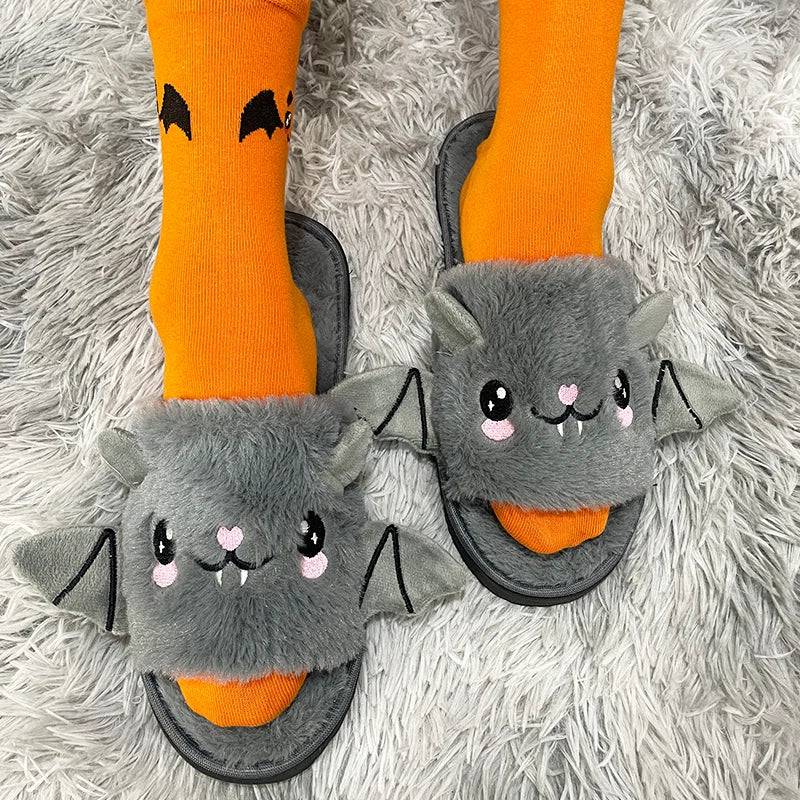 Halloween New Bat Slippers Women Plush Shoes Lightweight Home Silent Fuzzy Slipper Men Flip Flops Cartoon Kid Adults Flat Slides - Life and Lines