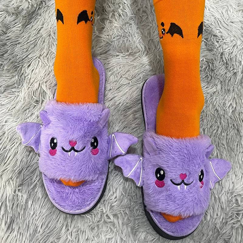 Halloween New Bat Slippers Women Plush Shoes Lightweight Home Silent Fuzzy Slipper Men Flip Flops Cartoon Kid Adults Flat Slides - Life and Lines