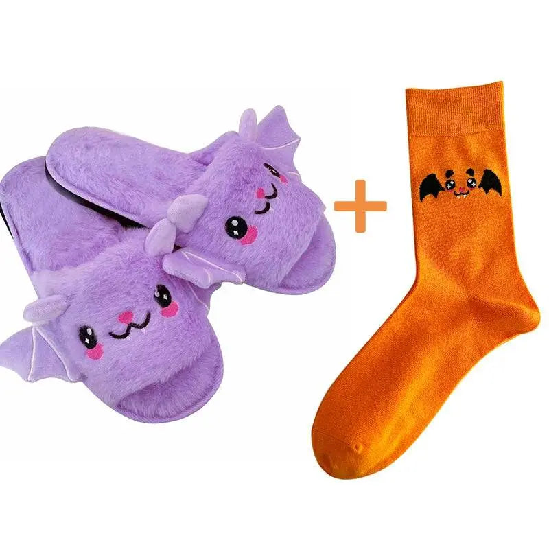 Halloween New Bat Slippers Women Plush Shoes Lightweight Home Silent Fuzzy Slipper Men Flip Flops Cartoon Kid Adults Flat Slides - Life and Lines