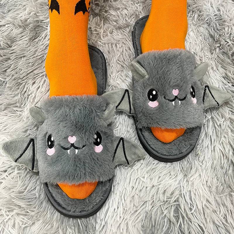 Halloween New Bat Slippers Women Plush Shoes Lightweight Home Silent Fuzzy Slipper Men Flip Flops Cartoon Kid Adults Flat Slides - Life and Lines