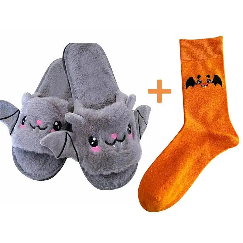 Halloween New Bat Slippers Women Plush Shoes Lightweight Home Silent Fuzzy Slipper Men Flip Flops Cartoon Kid Adults Flat Slides - Life and Lines