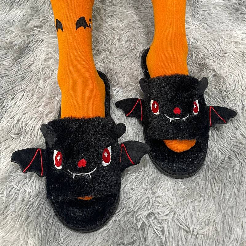 Halloween New Bat Slippers Women Plush Shoes Lightweight Home Silent Fuzzy Slipper Men Flip Flops Cartoon Kid Adults Flat Slides - Life and Lines