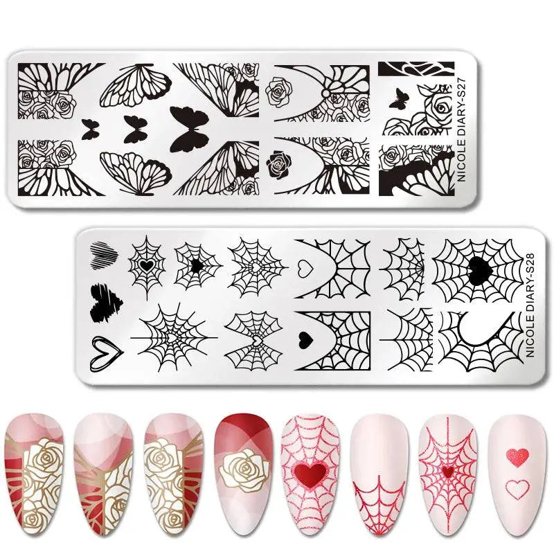 NICOLE DIARY Halloween Nail Art Stamping Plate Drawing Template Butterfly Heart Wave Line Image Stencil Mold Nail Printing Tools - Life and Lines