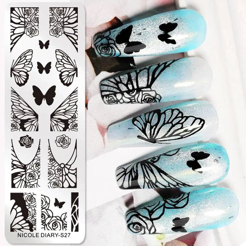 NICOLE DIARY Halloween Nail Art Stamping Plate Drawing Template Butterfly Heart Wave Line Image Stencil Mold Nail Printing Tools - Life and Lines