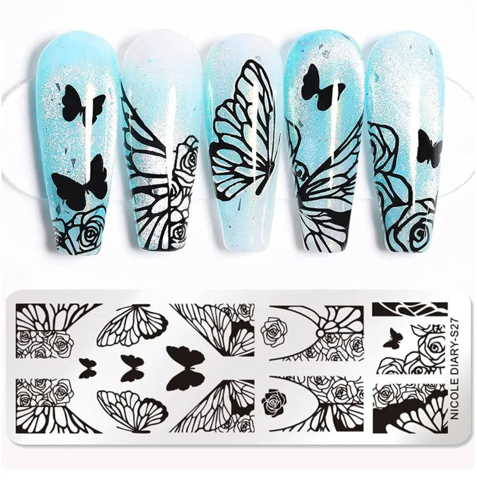 NICOLE DIARY Halloween Nail Art Stamping Plate Drawing Template Butterfly Heart Wave Line Image Stencil Mold Nail Printing Tools - Life and Lines