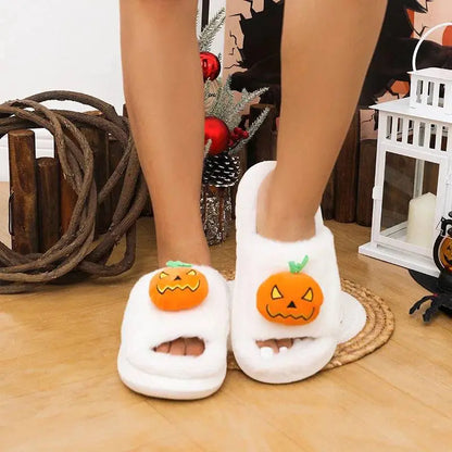 Halloween Pumpkin Slippers Women Men Finger Embroidery Spiders Warm Cotton Slippers Plush Anti Slip Resistant Couple Slippers - Life and Lines