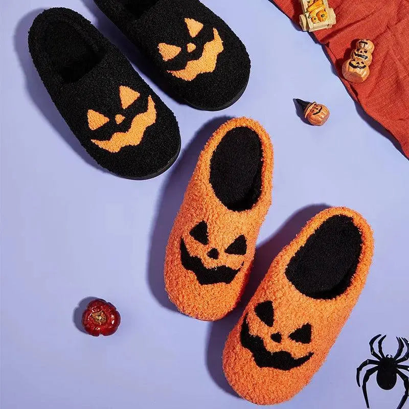 Halloween Pumpkin Slippers Women Men Finger Embroidery Spiders Warm Cotton Slippers Plush Anti Slip Resistant Couple Slippers - Life and Lines