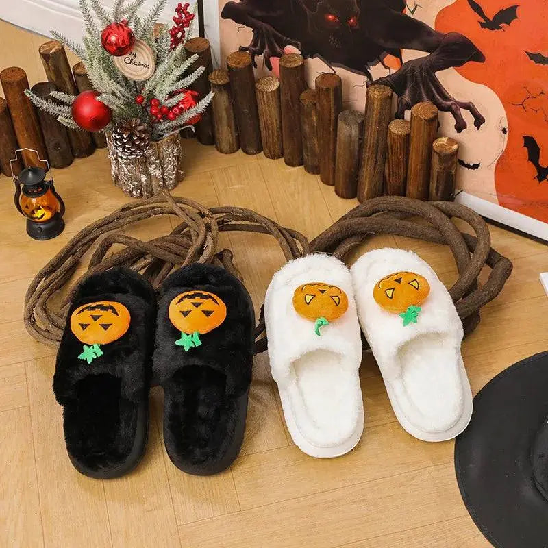 Halloween Pumpkin Slippers Women Men Finger Embroidery Spiders Warm Cotton Slippers Plush Anti Slip Resistant Couple Slippers - Life and Lines