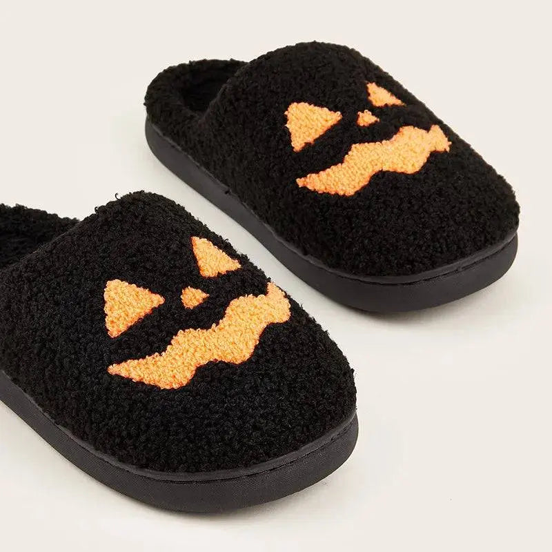 Halloween Pumpkin Slippers Women Men Finger Embroidery Spiders Warm Cotton Slippers Plush Anti Slip Resistant Couple Slippers - Life and Lines