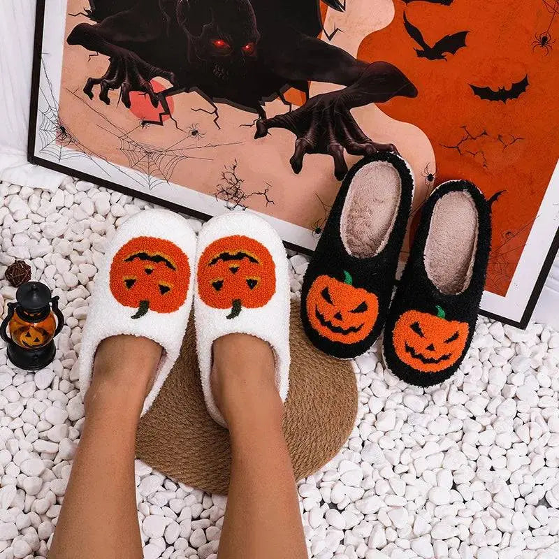 Halloween Pumpkin Slippers Women Men Finger Embroidery Spiders Warm Cotton Slippers Plush Anti Slip Resistant Couple Slippers - Life and Lines