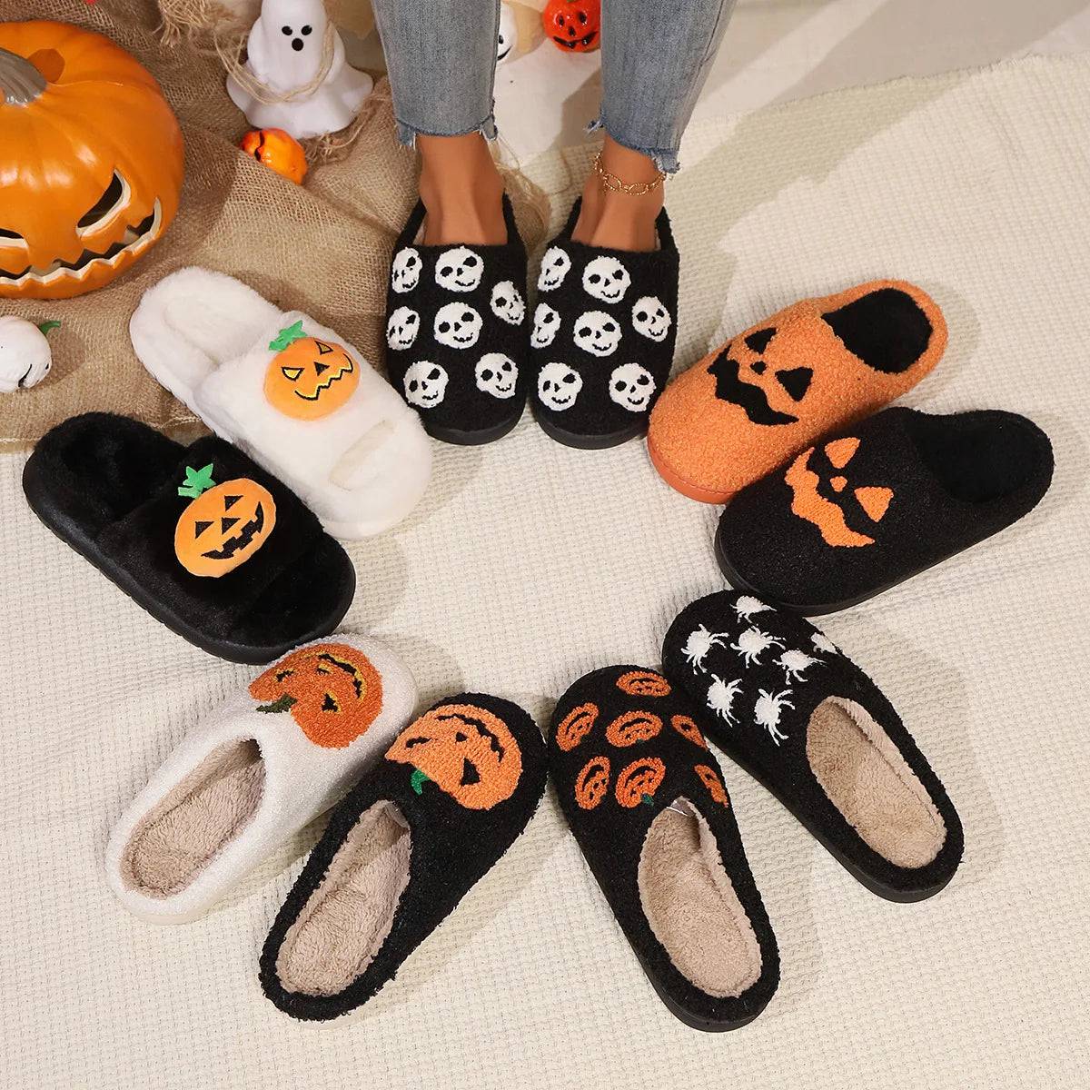 Halloween Pumpkin Slippers Women Men Finger Embroidery Spiders Warm Cotton Slippers Plush Anti Slip Resistant Couple Slippers - Life and Lines