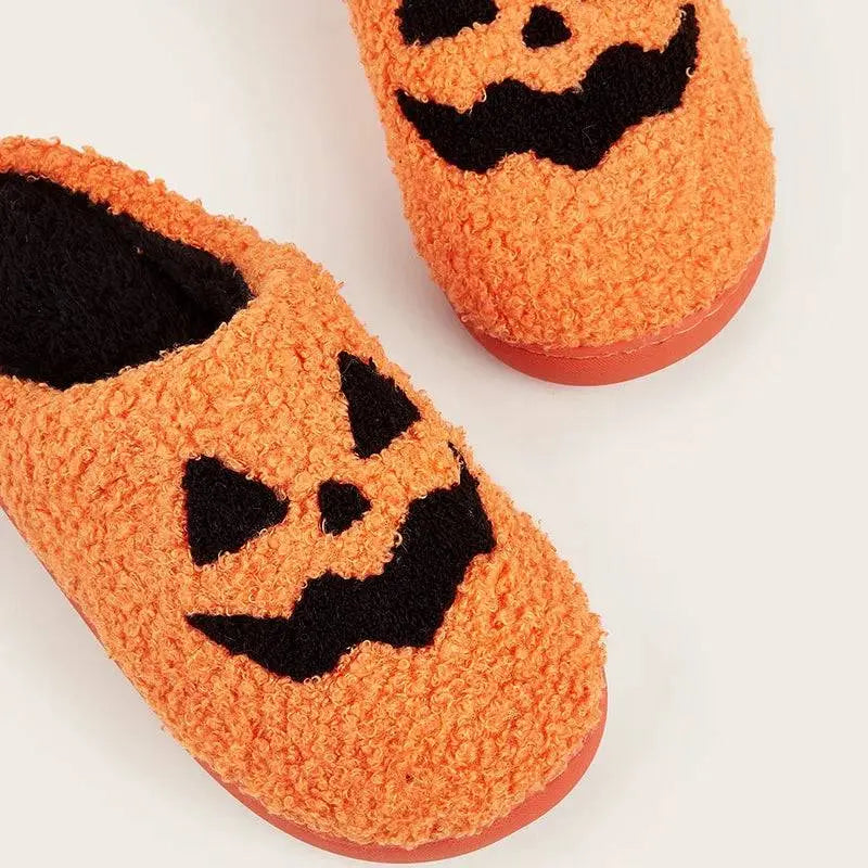 Halloween Pumpkin Slippers Women Men Finger Embroidery Spiders Warm Cotton Slippers Plush Anti Slip Resistant Couple Slippers - Life and Lines