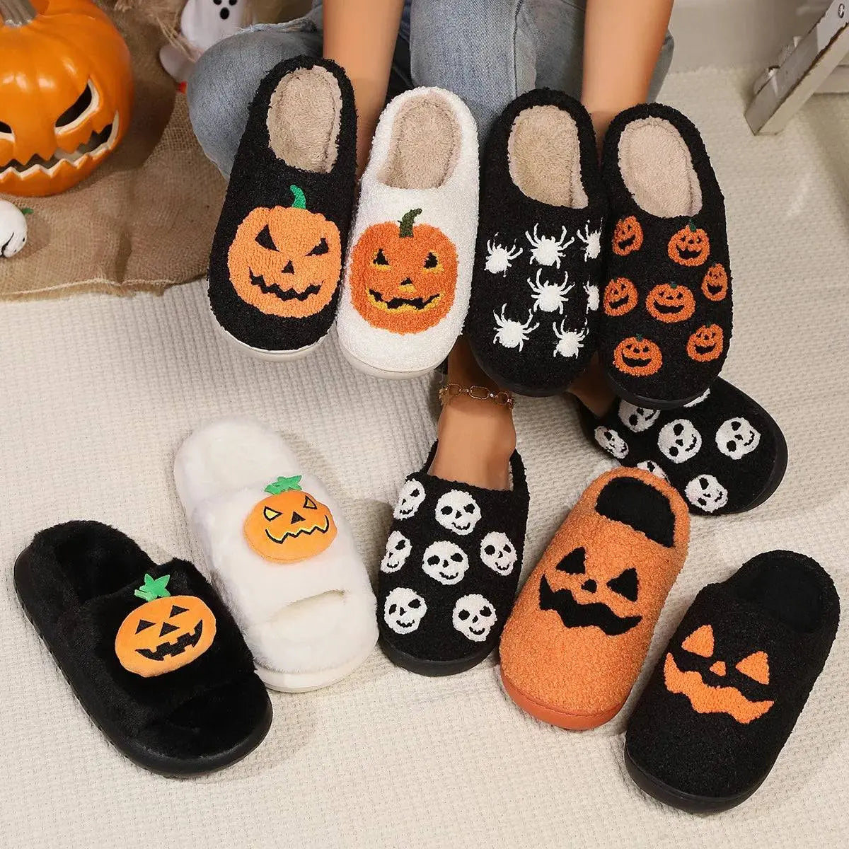 Halloween Pumpkin Slippers Women Men Finger Embroidery Spiders Warm Cotton Slippers Plush Anti Slip Resistant Couple Slippers - Life and Lines