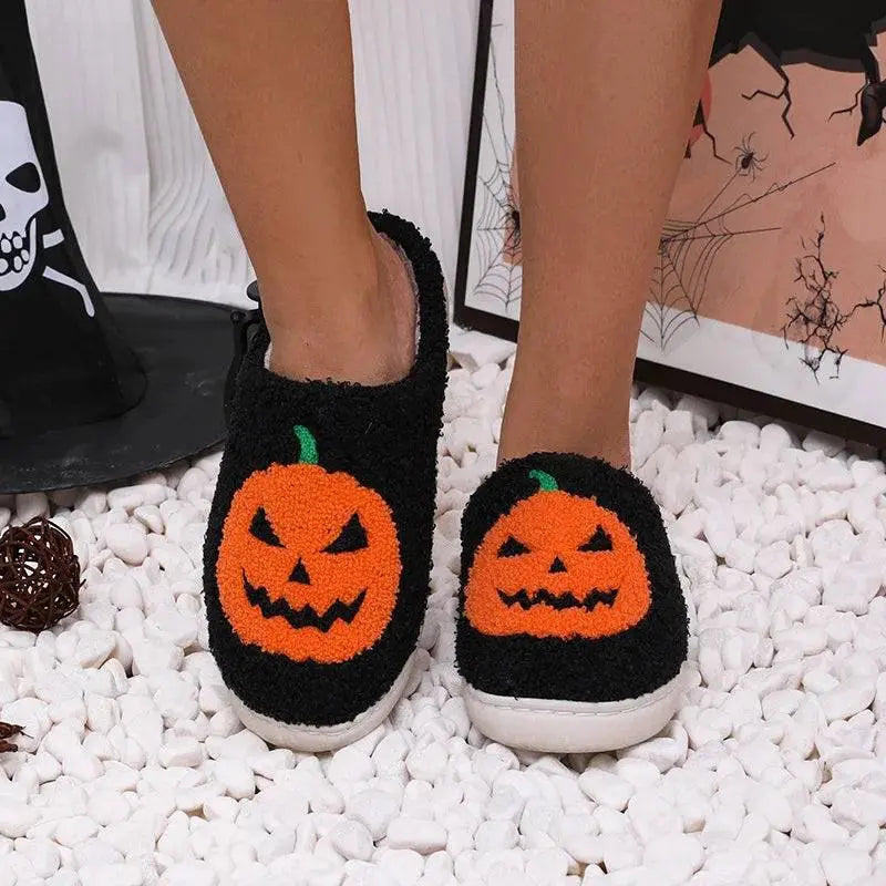 Halloween Pumpkin Slippers Women Men Finger Embroidery Spiders Warm Cotton Slippers Plush Anti Slip Resistant Couple Slippers - Life and Lines