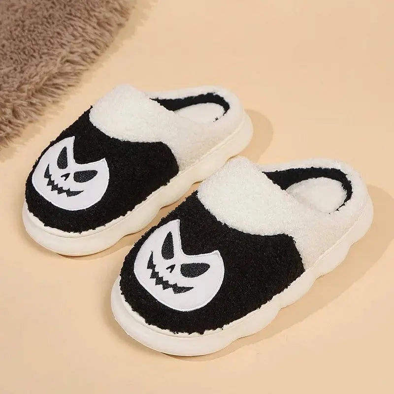 Halloween Pumpkin Slippers Women Men Finger Embroidery Spiders Warm Cotton Slippers Plush Anti Slip Resistant Couple Slippers - Life and Lines