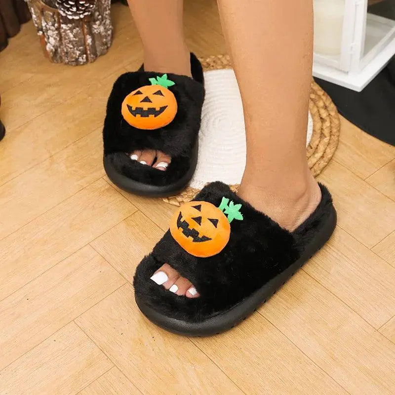 Halloween Pumpkin Slippers Women Men Finger Embroidery Spiders Warm Cotton Slippers Plush Anti Slip Resistant Couple Slippers - Life and Lines