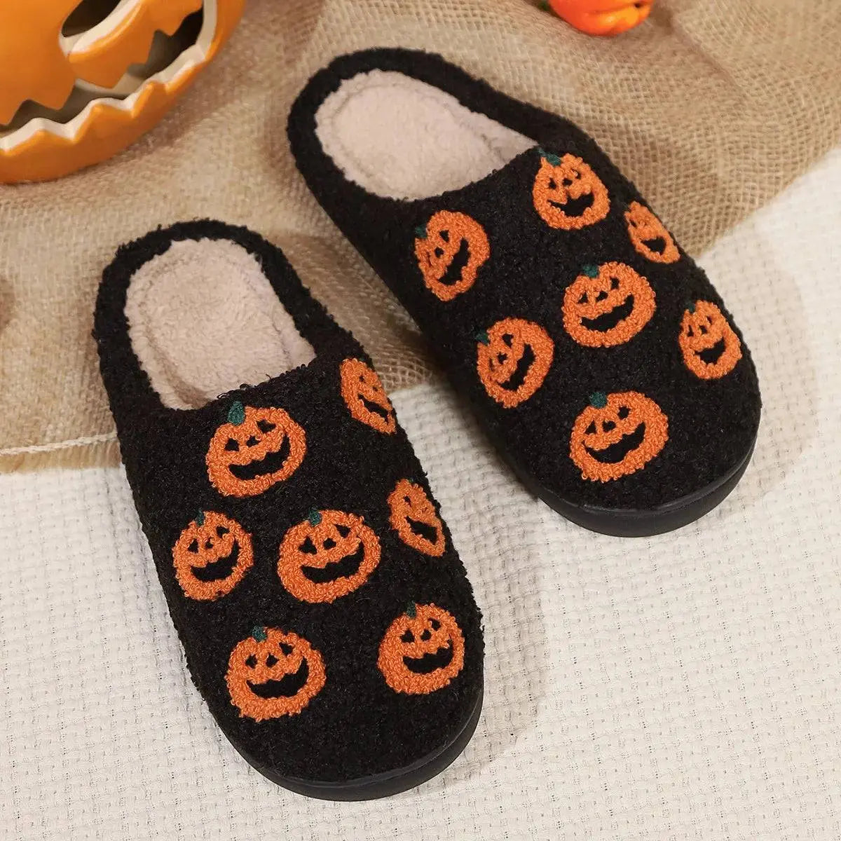 Halloween Pumpkin Slippers Women Men Finger Embroidery Spiders Warm Cotton Slippers Plush Anti Slip Resistant Couple Slippers - Life and Lines