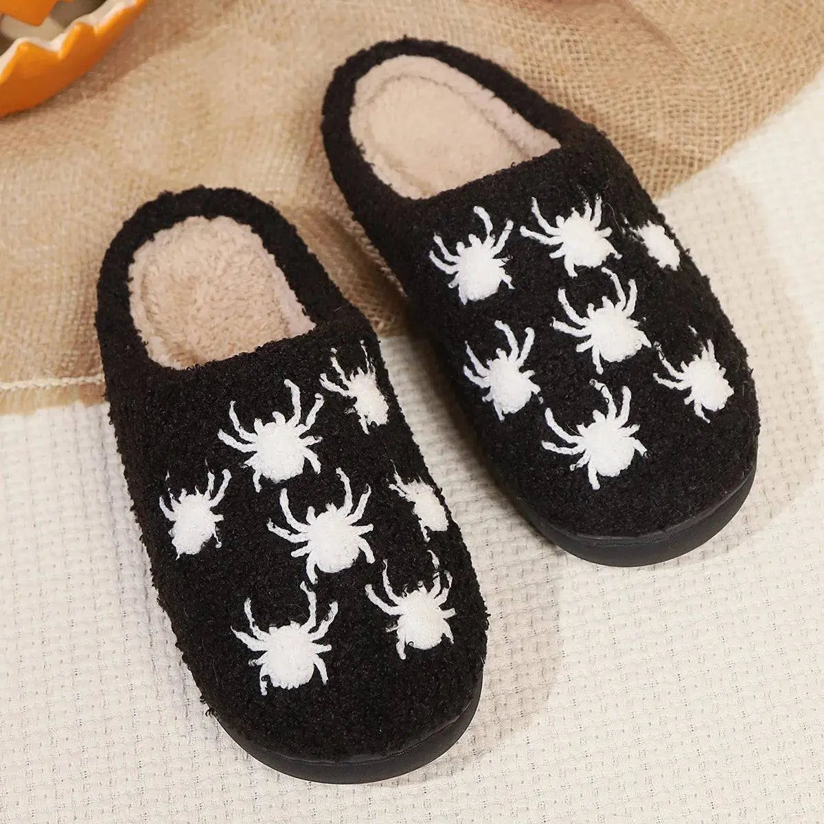 Halloween Pumpkin Slippers Women Men Finger Embroidery Spiders Warm Cotton Slippers Plush Anti Slip Resistant Couple Slippers - Life and Lines