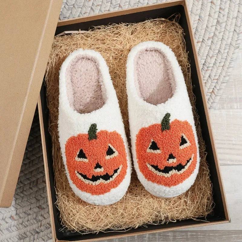 Smile Pumpkin Halloween Women's Slippers Winter Indoor Cartoon Comfort Home Bedroom Soft Causal Flat Plush Shoes for Gift - Life and Lines