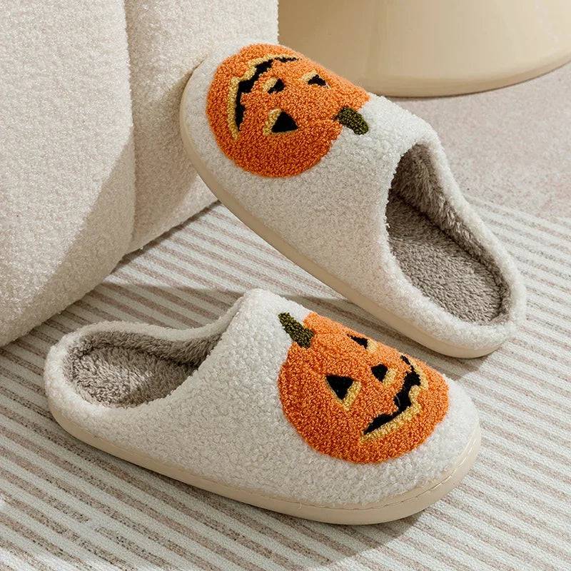 Smile Pumpkin Halloween Women's Slippers Winter Indoor Cartoon Comfort Home Bedroom Soft Causal Flat Plush Shoes for Gift - Life and Lines