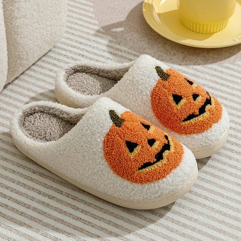 Smile Pumpkin Halloween Women's Slippers Winter Indoor Cartoon Comfort Home Bedroom Soft Causal Flat Plush Shoes for Gift - Life and Lines