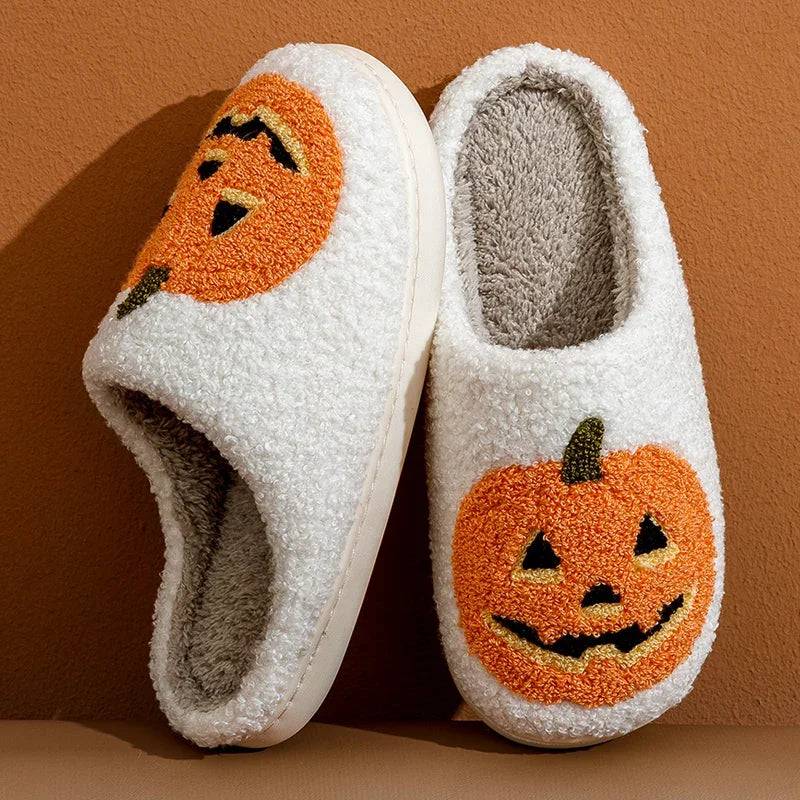 Smile Pumpkin Halloween Women's Slippers Winter Indoor Cartoon Comfort Home Bedroom Soft Causal Flat Plush Shoes for Gift - Life and Lines