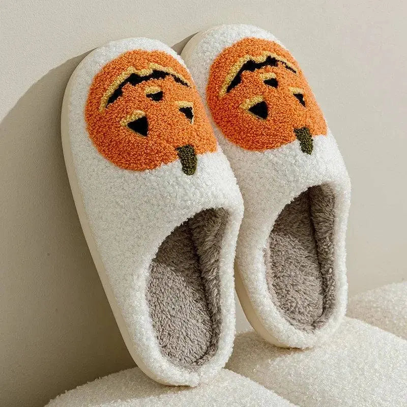 Smile Pumpkin Halloween Women's Slippers Winter Indoor Cartoon Comfort Home Bedroom Soft Causal Flat Plush Shoes for Gift - Life and Lines