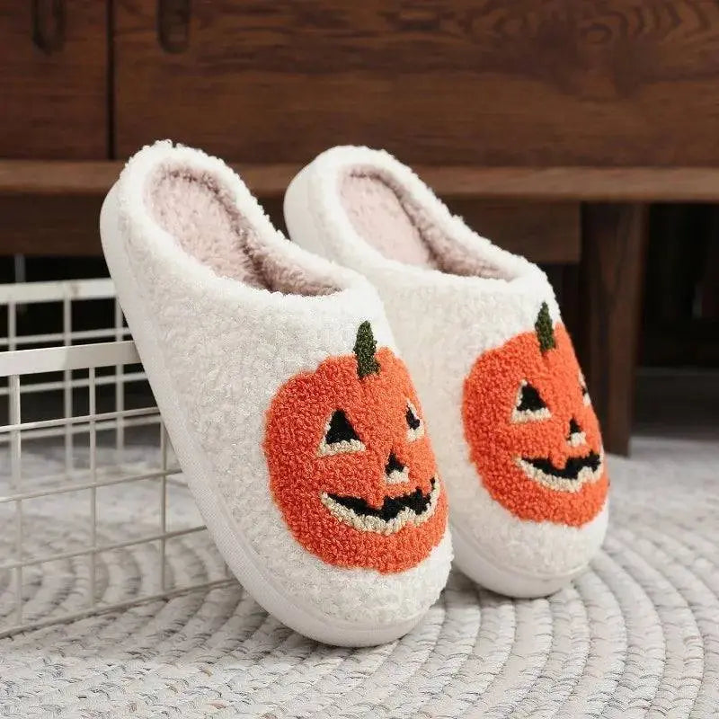 Smile Pumpkin Halloween Women's Slippers Winter Indoor Cartoon Comfort Home Bedroom Soft Causal Flat Plush Shoes for Gift - Life and Lines