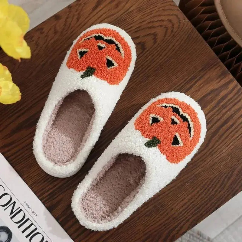 Smile Pumpkin Halloween Women's Slippers Winter Indoor Cartoon Comfort Home Bedroom Soft Causal Flat Plush Shoes for Gift - Life and Lines