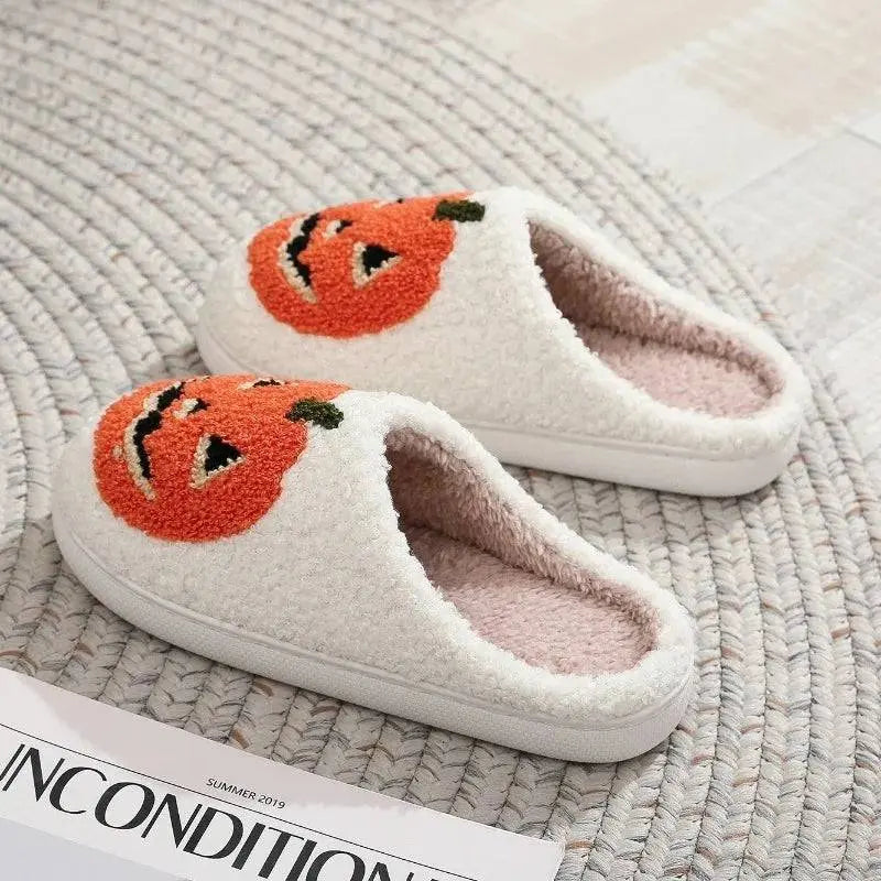 Smile Pumpkin Halloween Women's Slippers Winter Indoor Cartoon Comfort Home Bedroom Soft Causal Flat Plush Shoes for Gift - Life and Lines