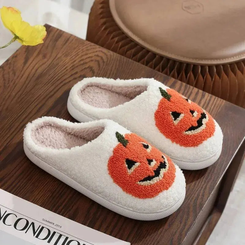 Smile Pumpkin Halloween Women's Slippers Winter Indoor Cartoon Comfort Home Bedroom Soft Causal Flat Plush Shoes for Gift - Life and Lines