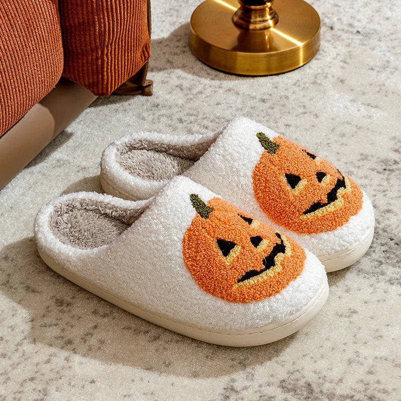 Smile Pumpkin Halloween Women's Slippers Winter Indoor Cartoon Comfort Home Bedroom Soft Causal Flat Plush Shoes for Gift - Life and Lines