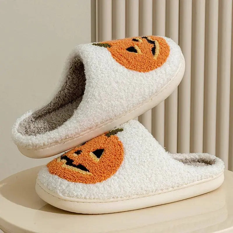 Smile Pumpkin Halloween Women's Slippers Winter Indoor Cartoon Comfort Home Bedroom Soft Causal Flat Plush Shoes for Gift - Life and Lines