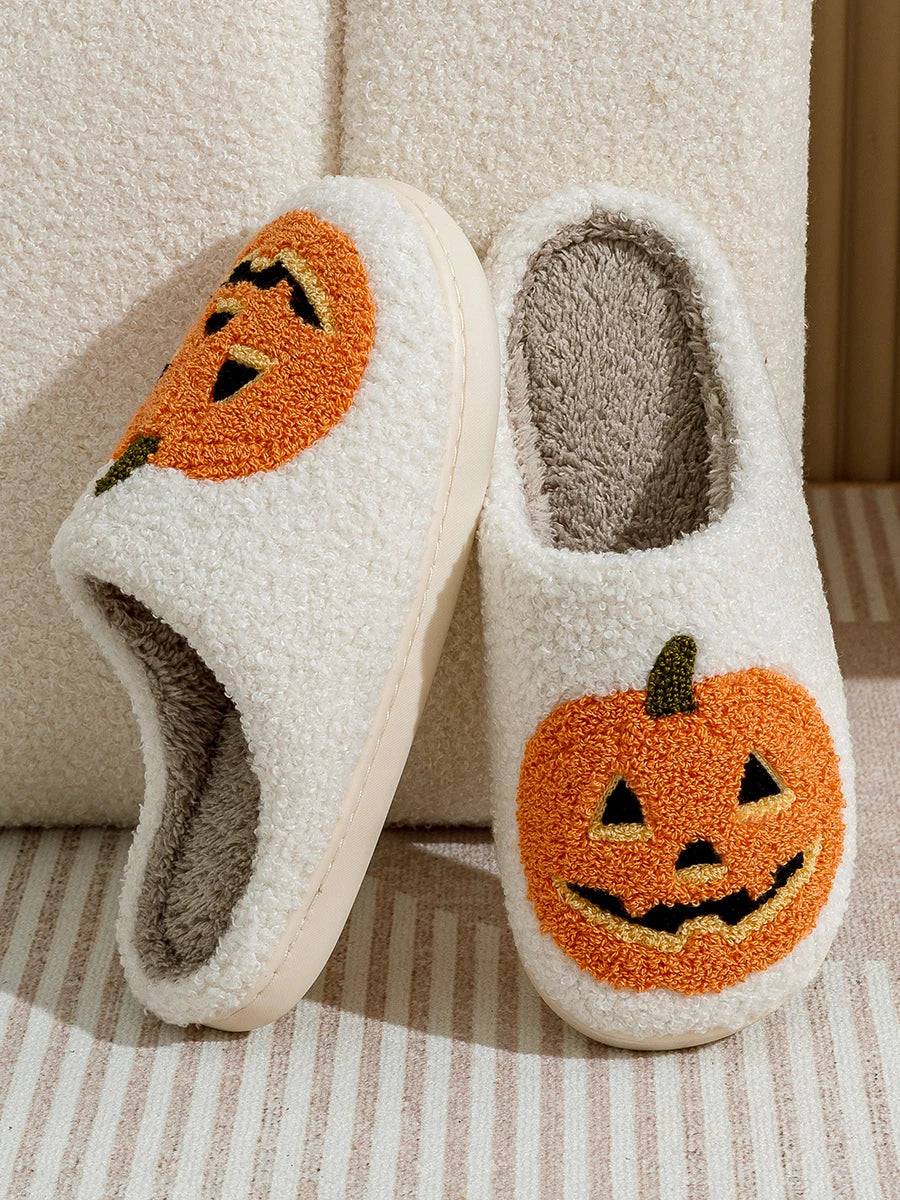 Smile Pumpkin Halloween Women's Slippers Winter Indoor Cartoon Comfort Home Bedroom Soft Causal Flat Plush Shoes for Gift - Life and Lines