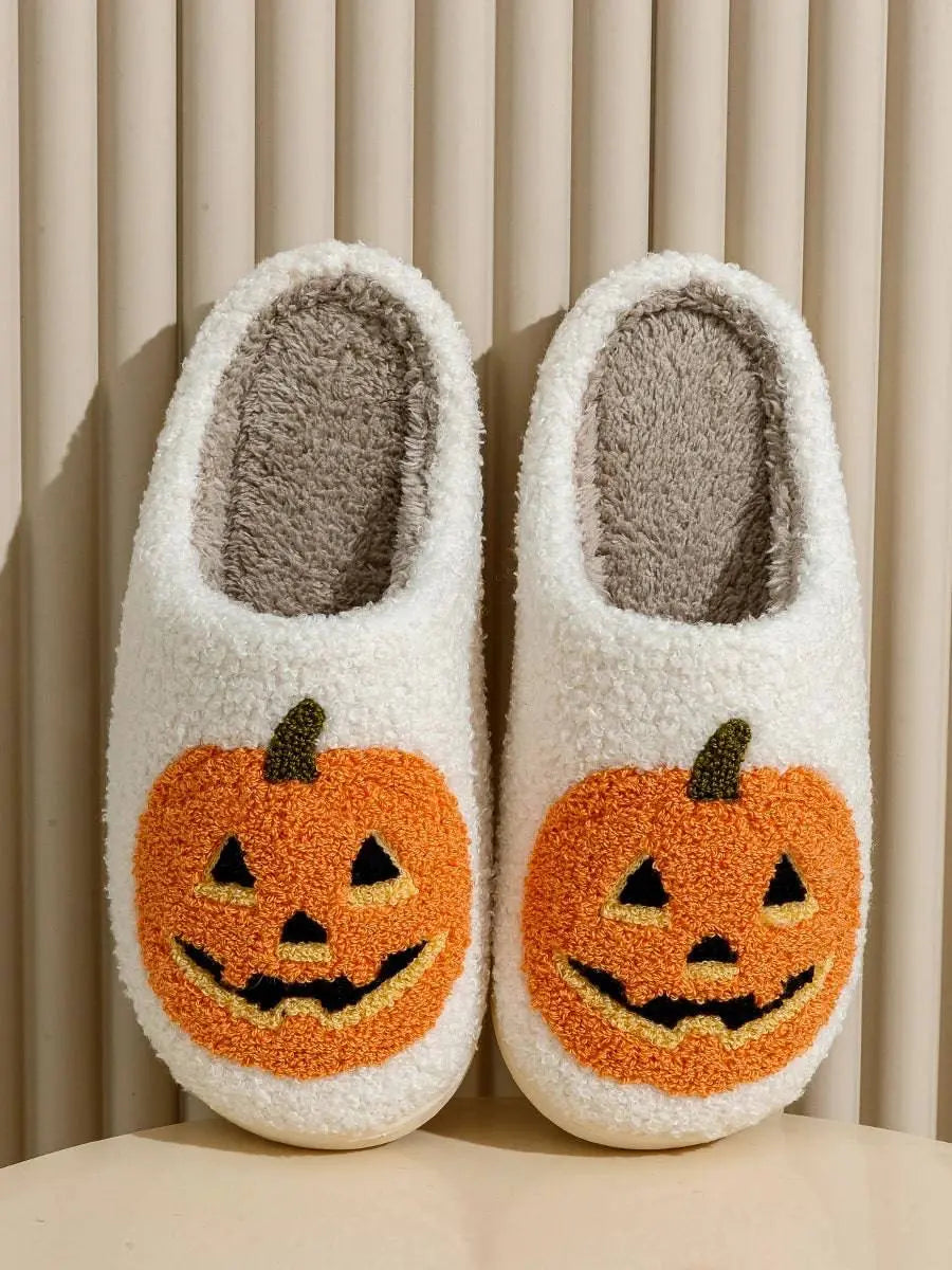 Smile Pumpkin Halloween Women's Slippers Winter Indoor Cartoon Comfort Home Bedroom Soft Causal Flat Plush Shoes for Gift - Life and Lines