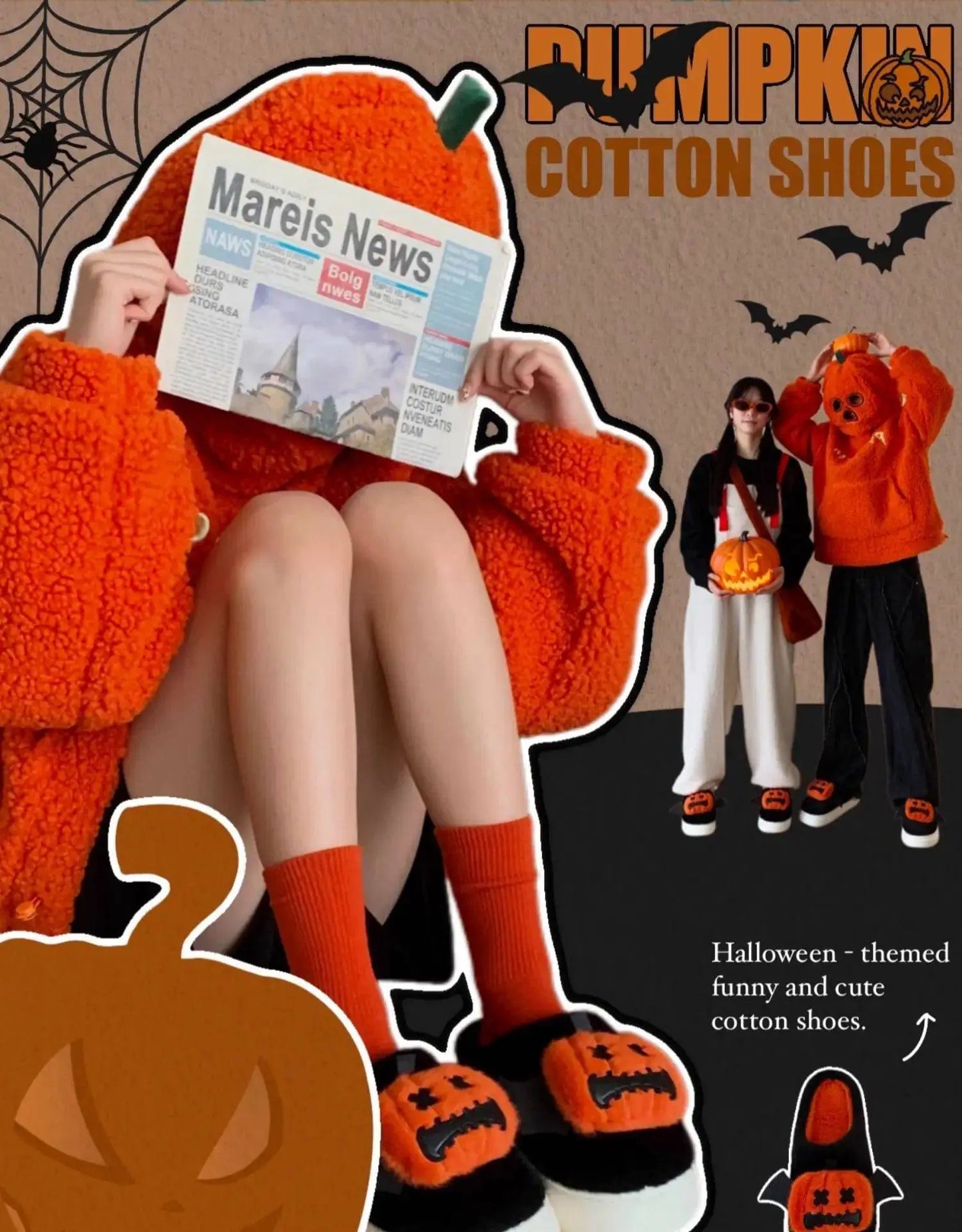 Halloween Pumpkin Cotton Slippers Winter Couple Home Slippers Man Women Indoor Household Slipper Anti Slip Cute Ghost Fury Shoes - Life and Lines