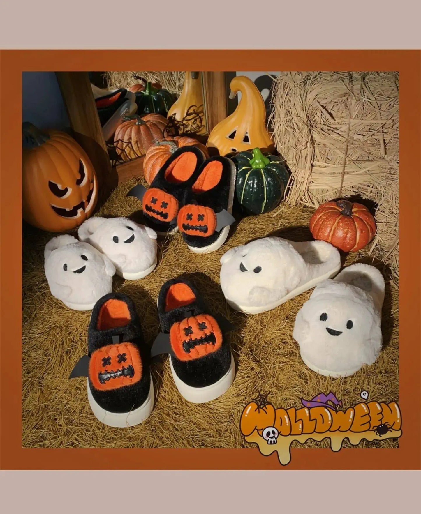 Halloween Pumpkin Cotton Slippers Winter Couple Home Slippers Man Women Indoor Household Slipper Anti Slip Cute Ghost Fury Shoes - Life and Lines