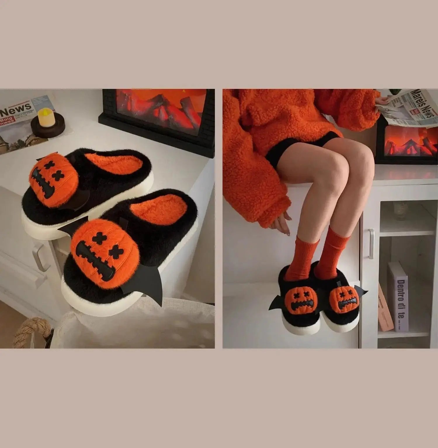 Halloween Pumpkin Cotton Slippers Winter Couple Home Slippers Man Women Indoor Household Slipper Anti Slip Cute Ghost Fury Shoes - Life and Lines